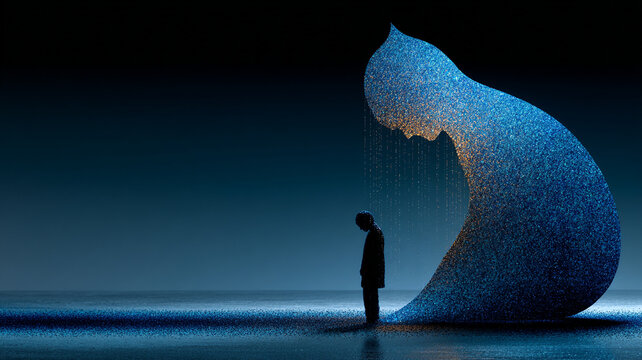 Silhouette of person with large abstract figure behind them creates visuals with light and shadow evoking deep emotion and introspection