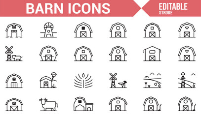 Icons Representing Barns, Farm Animals, and Agricultural Buildings