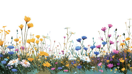 Close-up image of a diverse array of wildflowers in a meadow, presented against a pure white background. The image features a variety of flower types and colors, including daisies, cornflowers