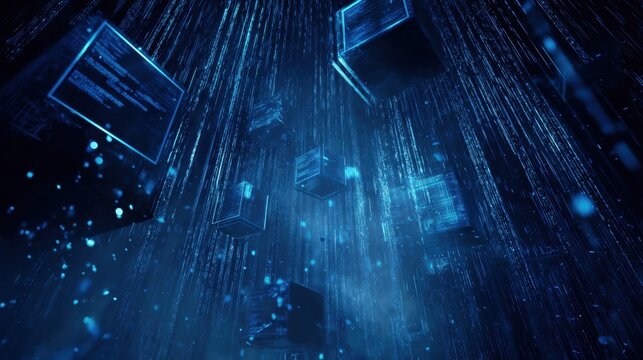 Digital data streams flowing through a network of connected nodes in a futuristic setting