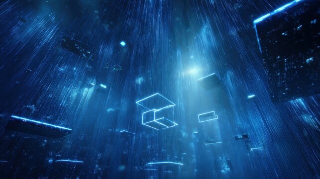 Futuristic digital space with glowing cubes and light beams - Powered by Adobe