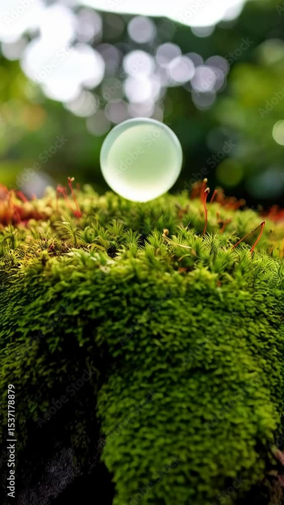 Poster ethereal orb floating above vibrant green moss in a lush forest, capturing natural light and bokeh e