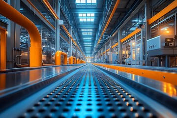 Modern industrial factory interior with production line and metallic infrastructure details