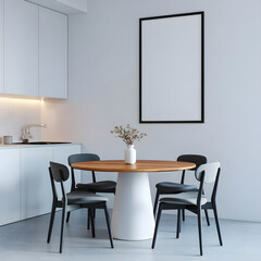 Dining room wall frame mockup with wooden chairs. ISO A poster display. Bright kitchen interior.