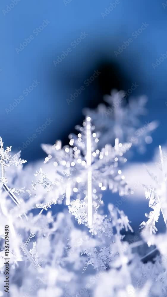 Poster intricate and delicate snowflake formations, with detailed crystalline structures against soft blue 