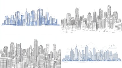 Obraz premium Four hand-drawn cityscapes in varying shades of gray and blue, depicting urban horizons with skyscrapers and buildings
