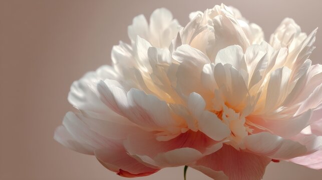 A close-up of a delicate white and pink peony flower with soft petals against a neutral background.