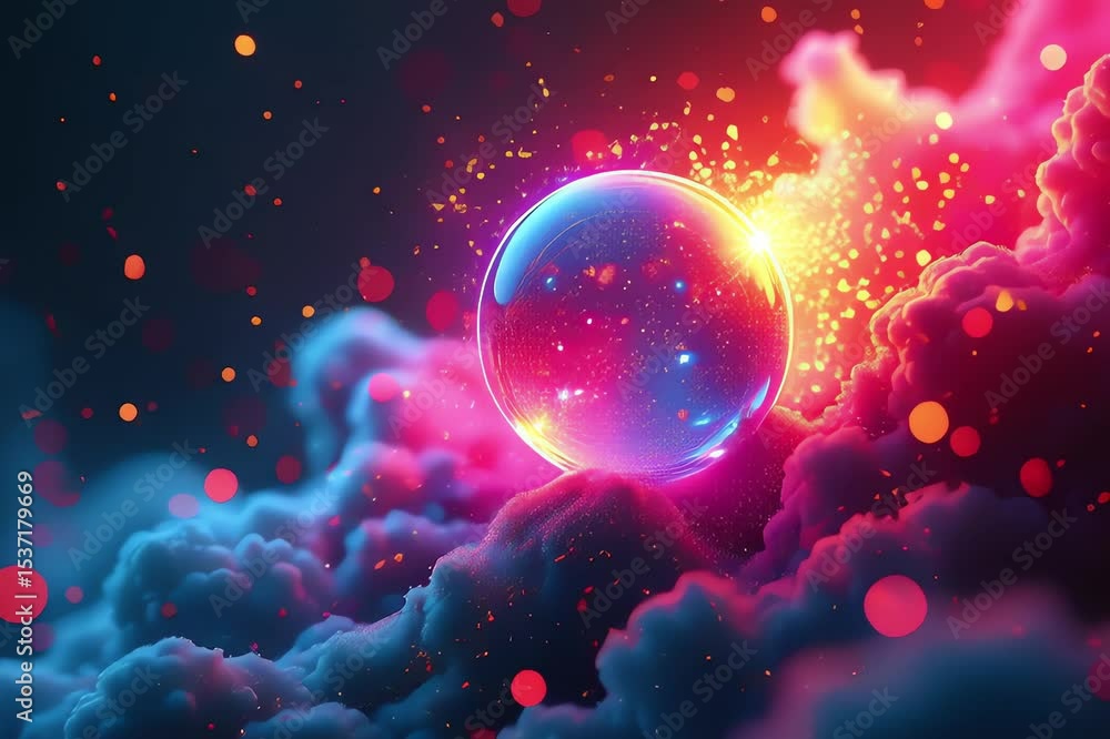 Poster image shows colorful bubble floating sky clouds background bubble center image surrounded