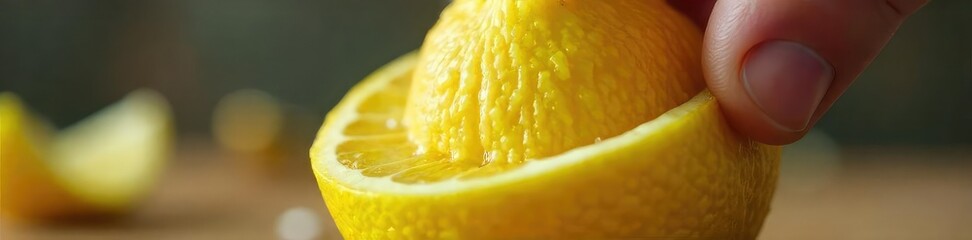 Close-up of a halved lemon being juiced with a manual juicer, fresh juice dripping down, vibrant yellow citrus Perfect for healthy lifestyle, cooking, and beverage themes , citrus press, kitchen