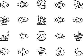 Naklejka premium Fish and seaweed icons collection black outline set aquatic life