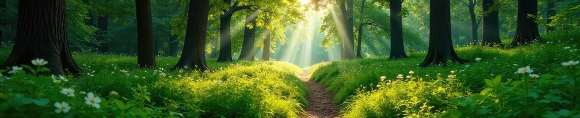 Sun-dappled forest floor, lush green foliage, towering trees creating a canopy overhead, peaceful woodland scene Perfect for nature, environmental, and conservation projects , tranquil, trees