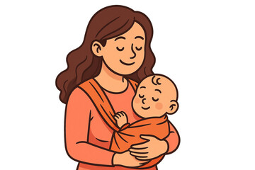 Loving Mother Holding Sleeping Infant Baby in Sling Tender Care Cartoon Illustration