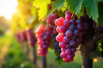 Sun-drenched bunches of ripe grapes hanging heavy on the vine, ready for harvest Vibrant colors and lush foliage showcase the abundance of the autumnal harvest , agriculture, autumn, fall