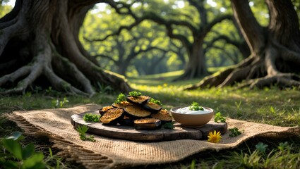 Enjoying Fried Eggplant and Dip Outdoors Under Lush Green Trees