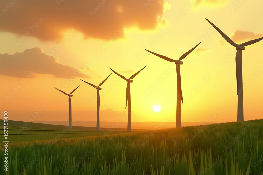 Poster image shows field green grass several wind turbines background illuminated setting sun surrounded cl