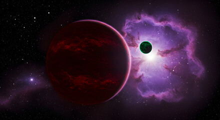 Obraz premium Celestial bodies in cosmic panorama with nebula and stellar atmosphere