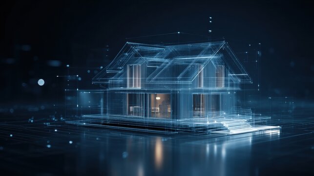 Futuristic Digital House with Illuminated Blueprint Design