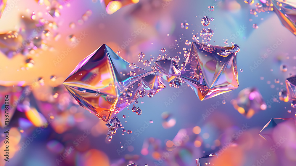 Aufkleber abstract iridescent crystal shapes float with water droplets against a colorful background