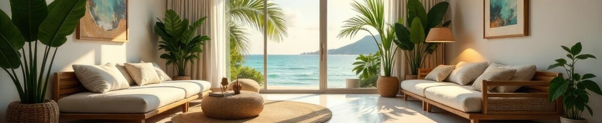 Escape the heat with this inviting indoor scene Relaxing atmosphere, perfect for summer or any time you need a cool retreat Modern, stylish, and serene interior design , decor, stylish