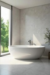 Modern minimalist bathroom with single freestanding bathtub, sleek chrome fixtures, and large window offering natural light Perfect for relaxation and spa-like ambiance , interior, stone, bathtub