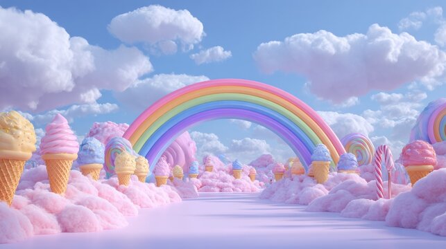 A whimsical pathway lined with colorful ice cream cones under a vibrant rainbow and fluffy clouds - Powered by Adobe