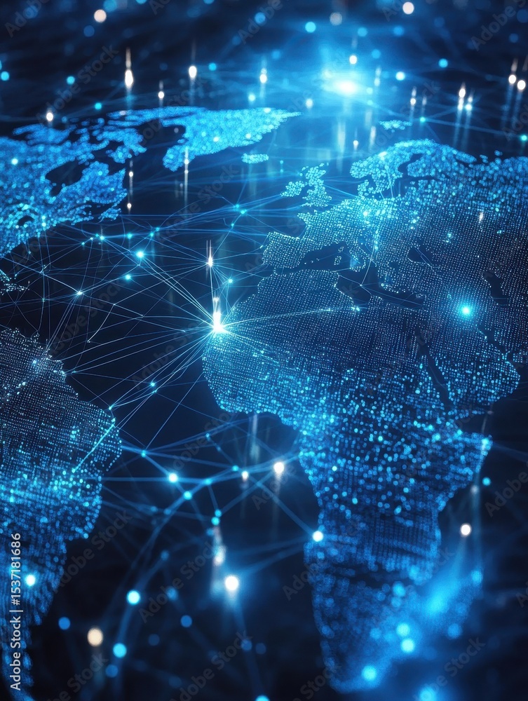 Poster blue digital world map with glowing network lines and data points, ideal for global communication an