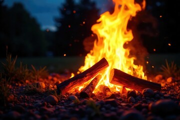 Close-up of a vibrant bonfire burning intensely on a hot summer night, embers glowing brightly against the dark sky Perfect for summer, heat, and warmth themed projects , intense heat, rustic, wild