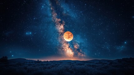 Starry Night Sky with a Prominent Full Moon and the Milky Way Over a Dark Landscape