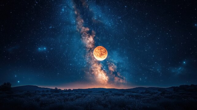Starry Night Sky with a Prominent Full Moon and the Milky Way Over a Dark Landscape