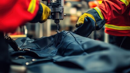 Firefighter Jacket Production: Close-up of Industrial Sewing