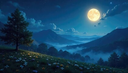 Obraz premium A serene landscape bathed in the soft glow of moonlight, the stillness amplifying the beauty of the night , moon, majestic
