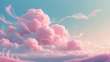 Cloudscape Dream: A serene sky, painted with strokes of soft pink and delicate white, creates a dreamlike panorama of fluffy clouds and ethereal wisps.