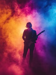 Stage with smoke and lights revealing a solo guitarist in silhouette against a colorful backdrop, captivating the audience with a powerful performance.