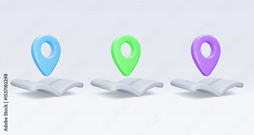 Poster set location pointer om map, book, placemark, marker of map, navigation pin sign. 3d gps icon. sign 