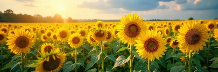 Fototapeta premium Endless rows of vibrant sunflowers bask in the summer sun, their golden faces turned towards the light, creating a breathtaking natural landscape , sunflowers, ecology, nature