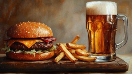 A classic burger with cheese, bacon, and lettuce served alongside crispy fries and a frothy mug of beer.