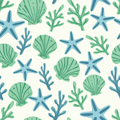 Summer seamless pattern with hand drawn sea shells. Marine background. Vector illustration