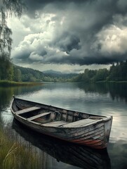Obraz premium Old boat, calm lake, stormy sky, solitude
