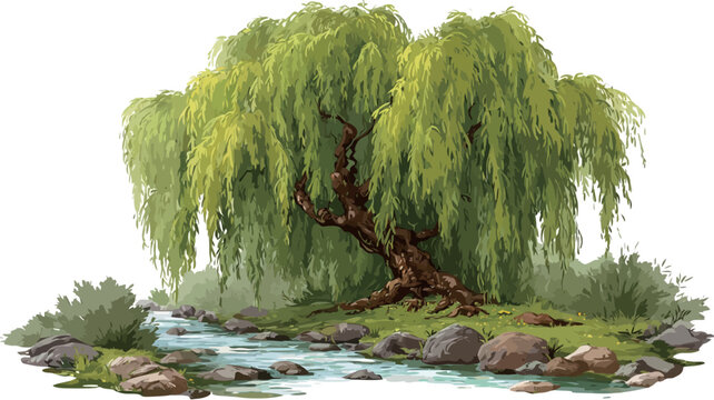 A digital painting or illustration depicting a weeping willow tree situated beside a small stream. The willow has abundant, long, drooping green leaves. The stream is depicted with light blue/green