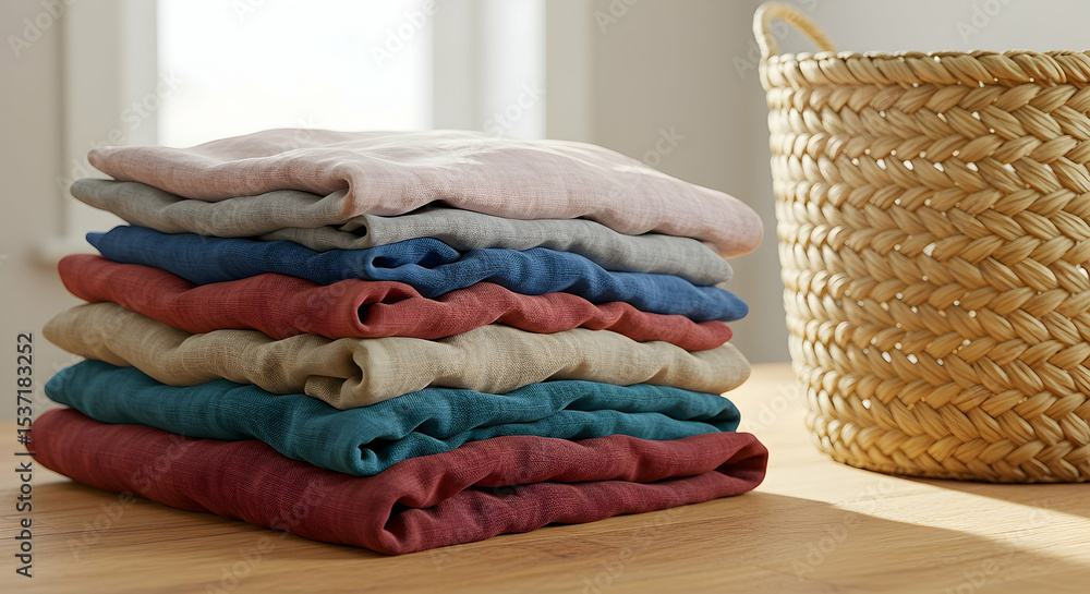 Poster Neat Stack of Folded Clothes in Neutral Tones on Wooden Surface with Wicker Basket