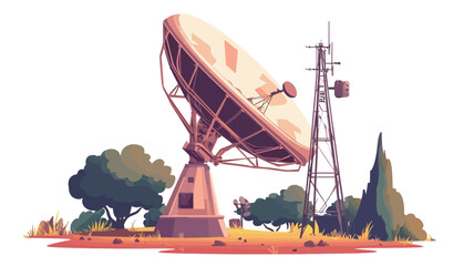 A stylized illustration depicting a large parabolic satellite dish and a tall communication tower set against a landscape of stylized trees and scrub. The illustration style is cartoonish or