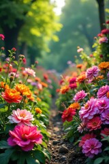 Obraz premium Vibrant blooms in a lush garden bursting with color; a profusion of diverse flowers in full, joyful bloom Perfect for spring, summer, or floral themes , daylight, summer, flower