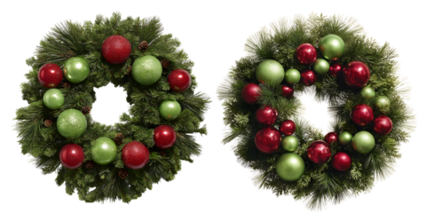 Two lush christmas wreaths, adorned with glossy red and green ornaments, isolated on transparent background