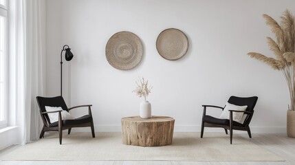 Minimalist interior featuring two chairs, a table, and wall decorations in white space