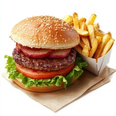 Delicious burger and french potato fries, cut out
