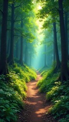 Obraz premium A winding, uphill path through a lush forest symbolizes the challenging yet rewarding journey of patience; perseverance leads to the summit , accomplishment, progress, obstacles