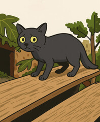 A cartoon-style digital illustration depicting a frightened black cat standing on wooden planks amidst greenery and urban ruins.  