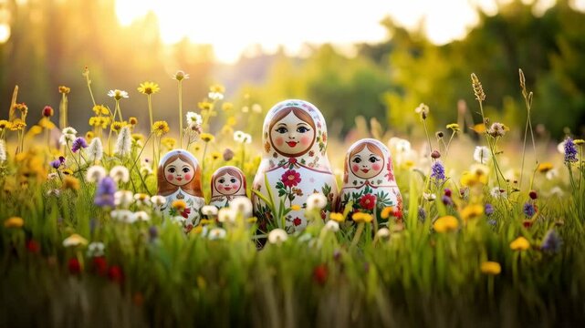 Bright outdoor image of traditional nesting dolls nestled amongst a vibrant field of assorted wildflowers at sunset in a countryside setting