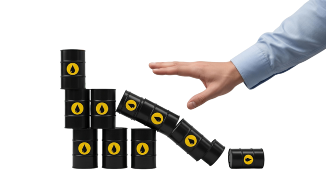 Human hand pushing over stacked miniature petroleum barrels with yellow oil drop icon in a domino effect on transparent background