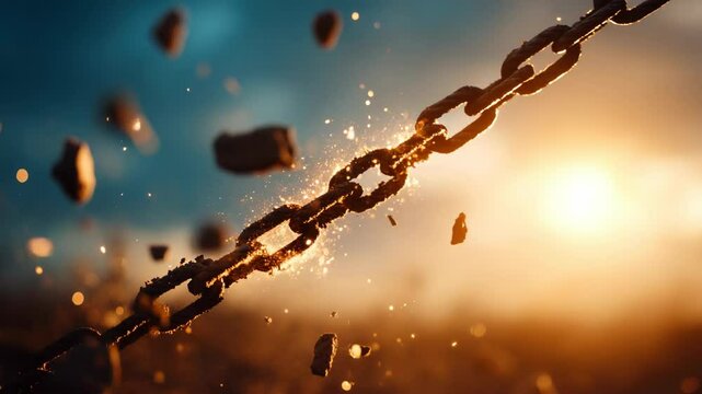 Intense close up of broken metal chain with sparks and debris flying during sunset, symbolizing destruction and breaking free in dramatic scene illuminated by warm light